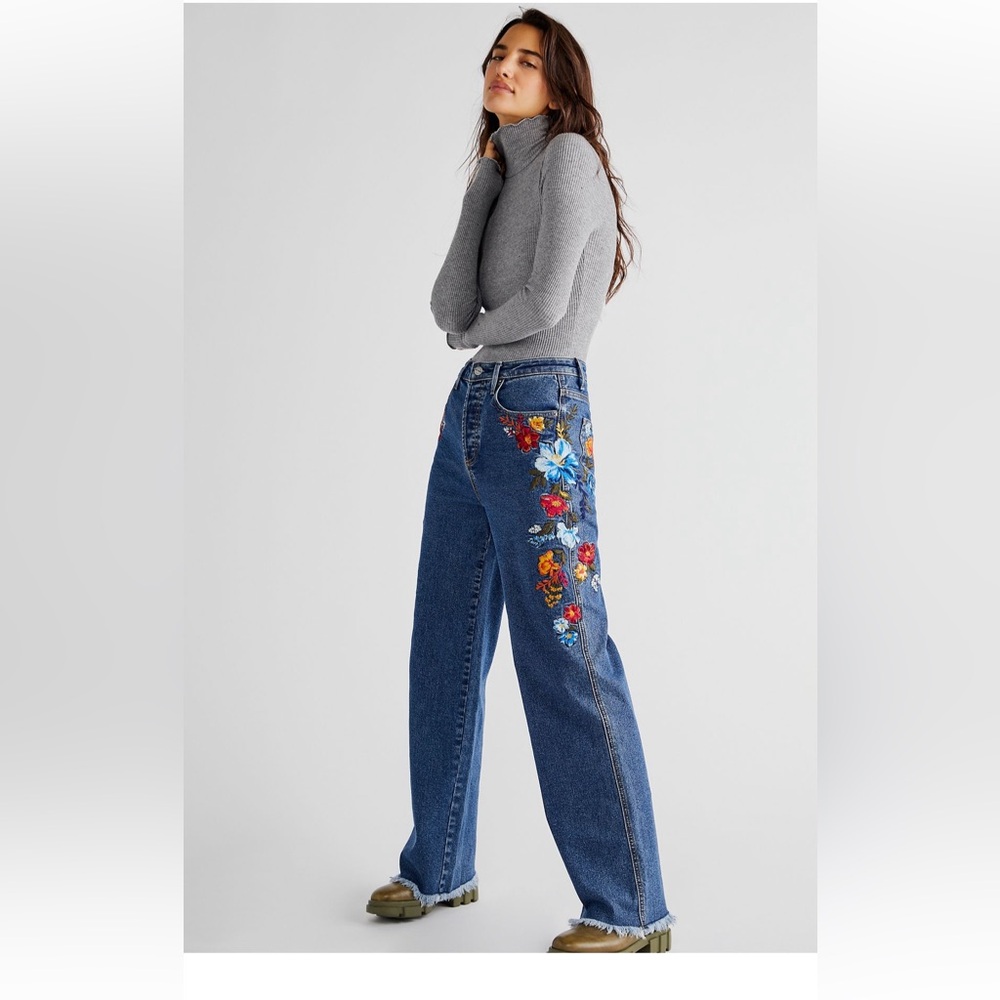 Free People Driftwood Ollie embroidered wide-leg jeans